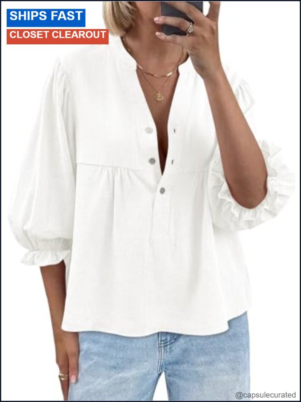 Women's Cotton Puff Sleeve Babydoll Top V-Neck Blouse